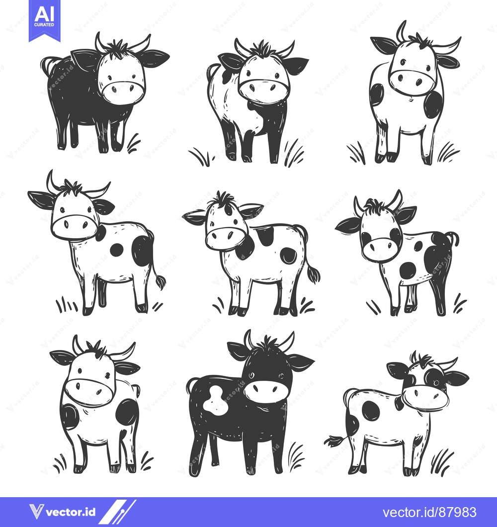 Premium Vector dari Nine Hand-Drawn Black and White Cows in Various Poses