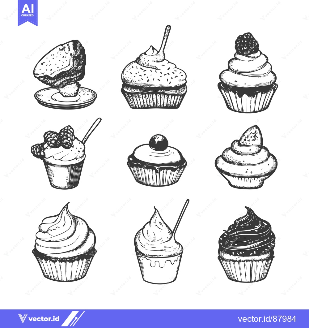 Premium Vector of Nine Hand-Drawn Black and White Cupcakes with Various Toppings