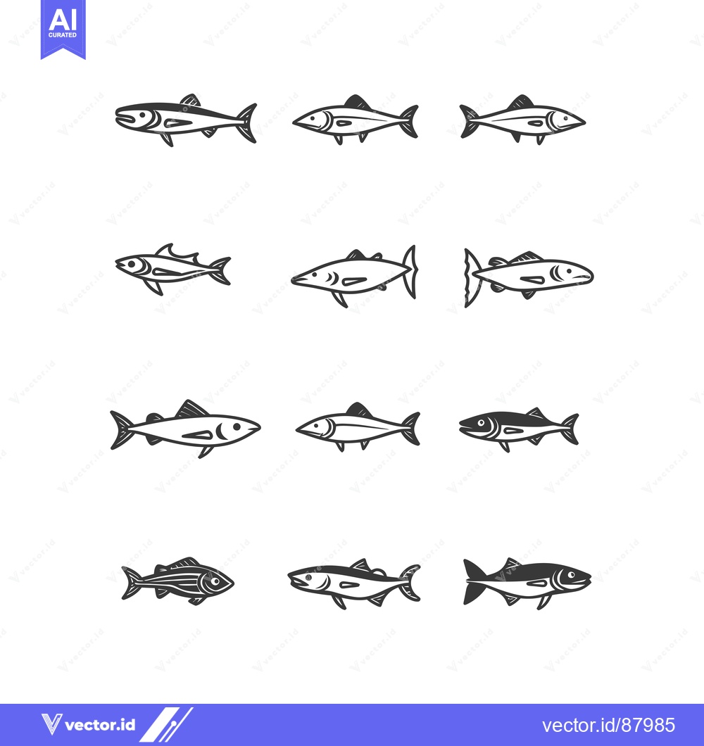 Premium Vector of Nine Hand-Drawn Black and White Fish Illustrations