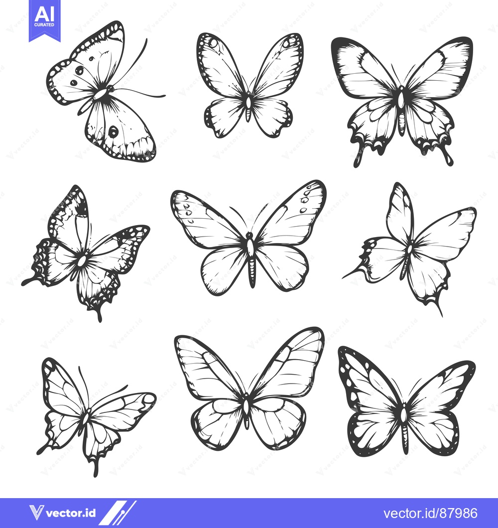 Premium Vector dari Nine Hand-Drawn Butterfly Illustrations in Black and White
