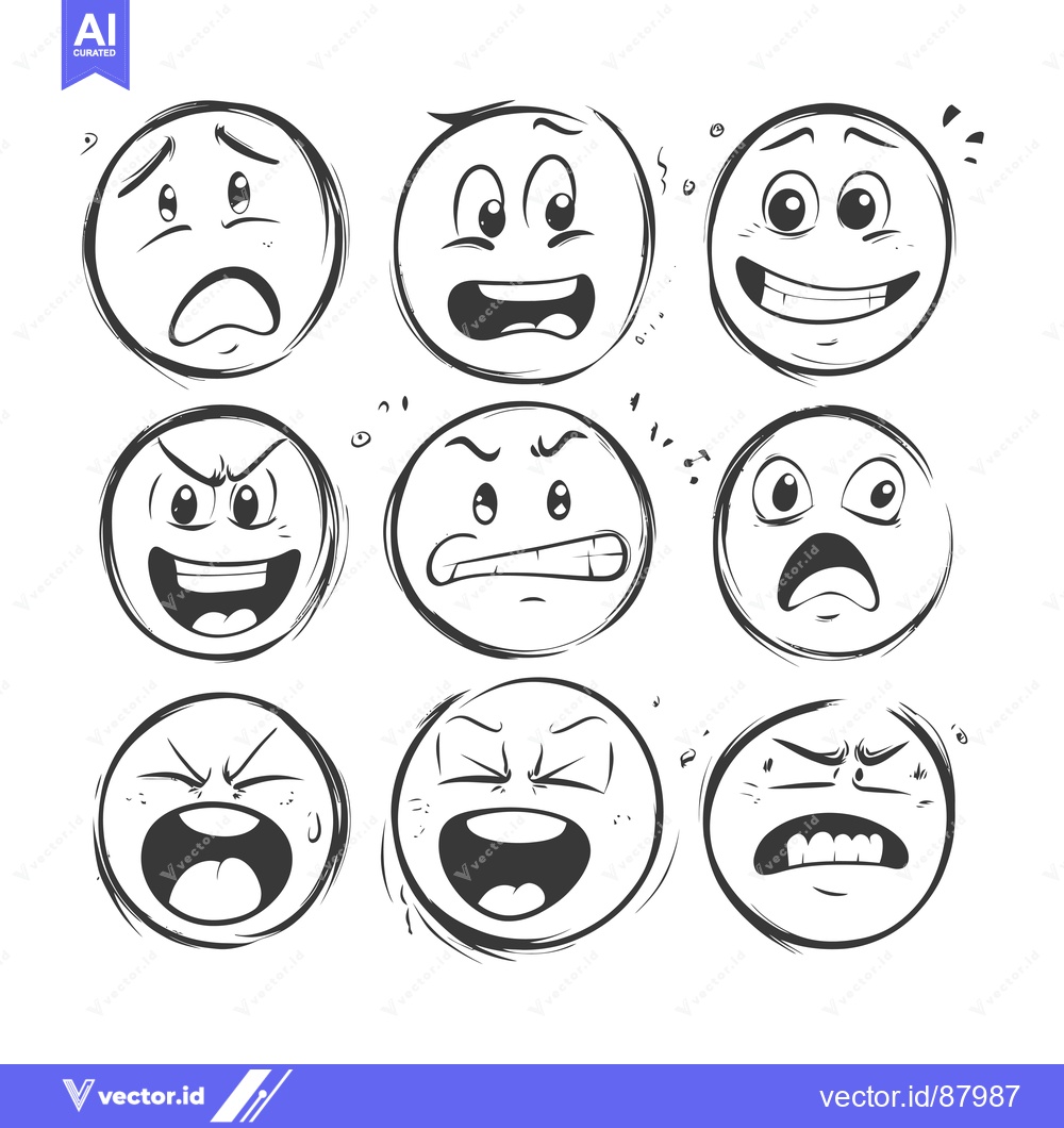 Premium Vector of Nine Hand-Drawn Cartoon Emojis Displaying a Variety of Facial Expressi