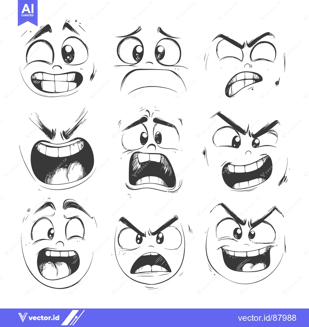 Premium Vector dari Nine Hand-Drawn Cartoon Faces Expressing Different Emotions