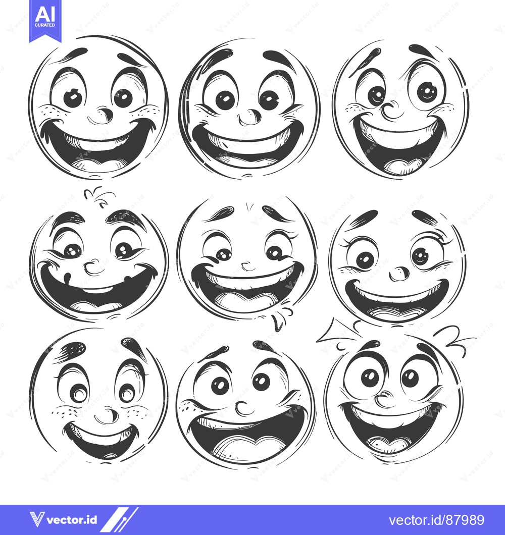 Premium Vector of Nine Hand-Drawn Cartoon Faces Expressing Joy and Excitement