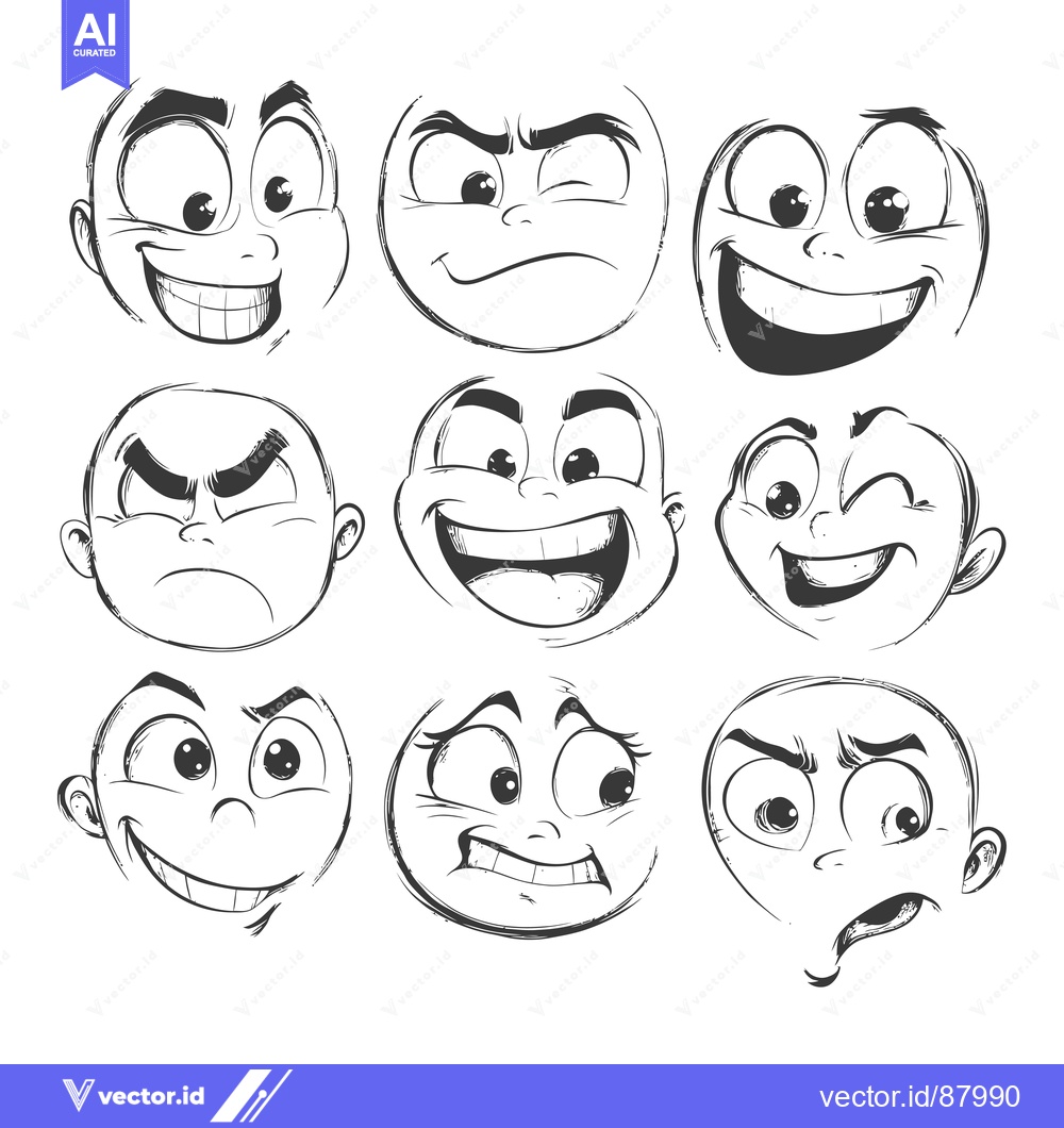Premium Vector of Nine Hand-Drawn Cartoon Faces Expressing Various Emotions