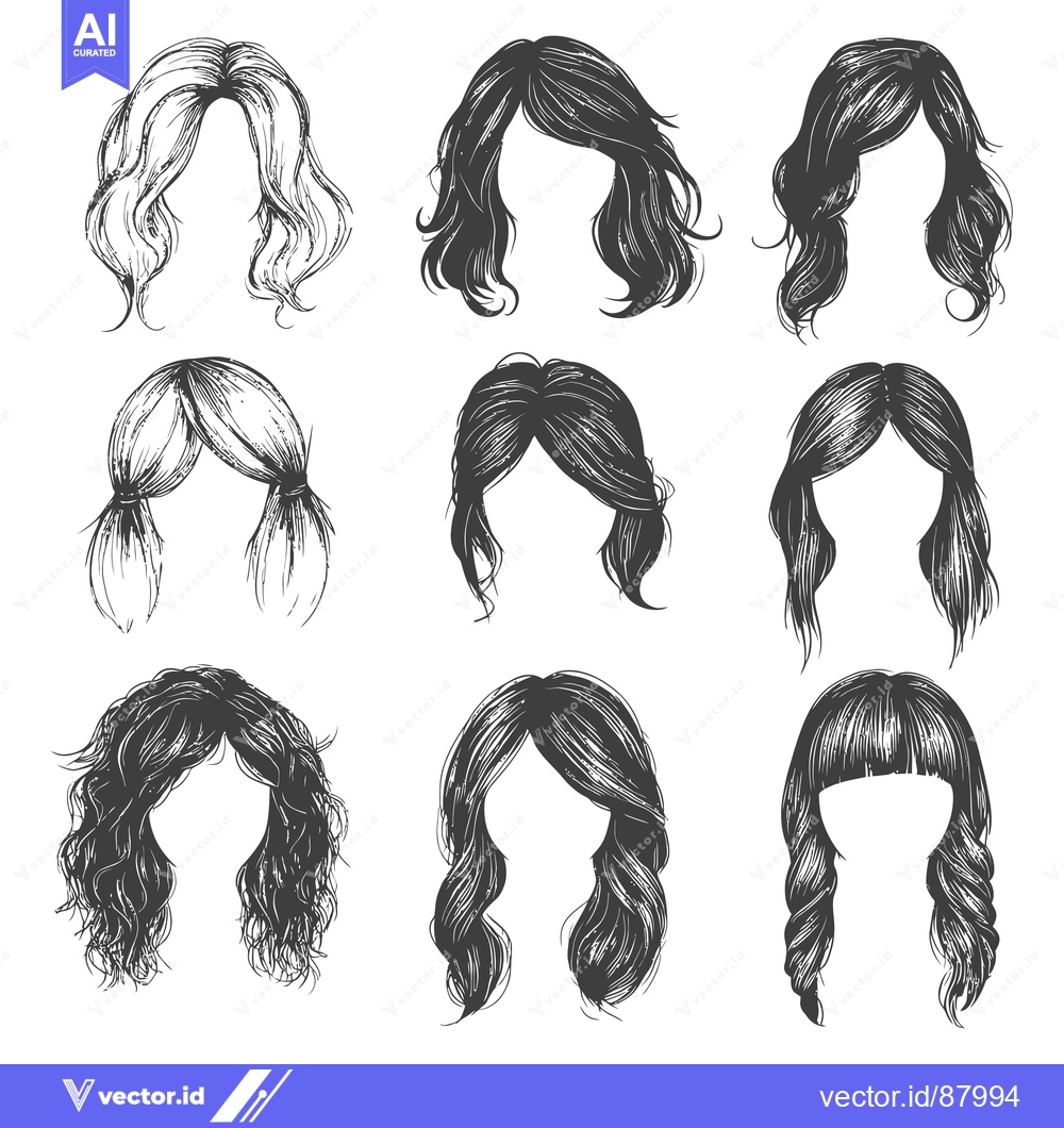 Premium Vector of Nine Hand-Drawn Hairstyle Illustrations for Women