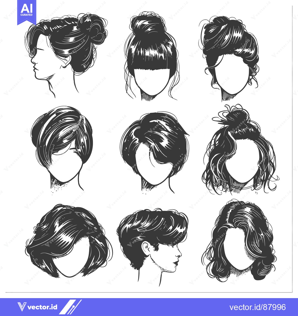 Premium Vector dari Nine Hand-Drawn Illustrations of Different Hairstyles for Women