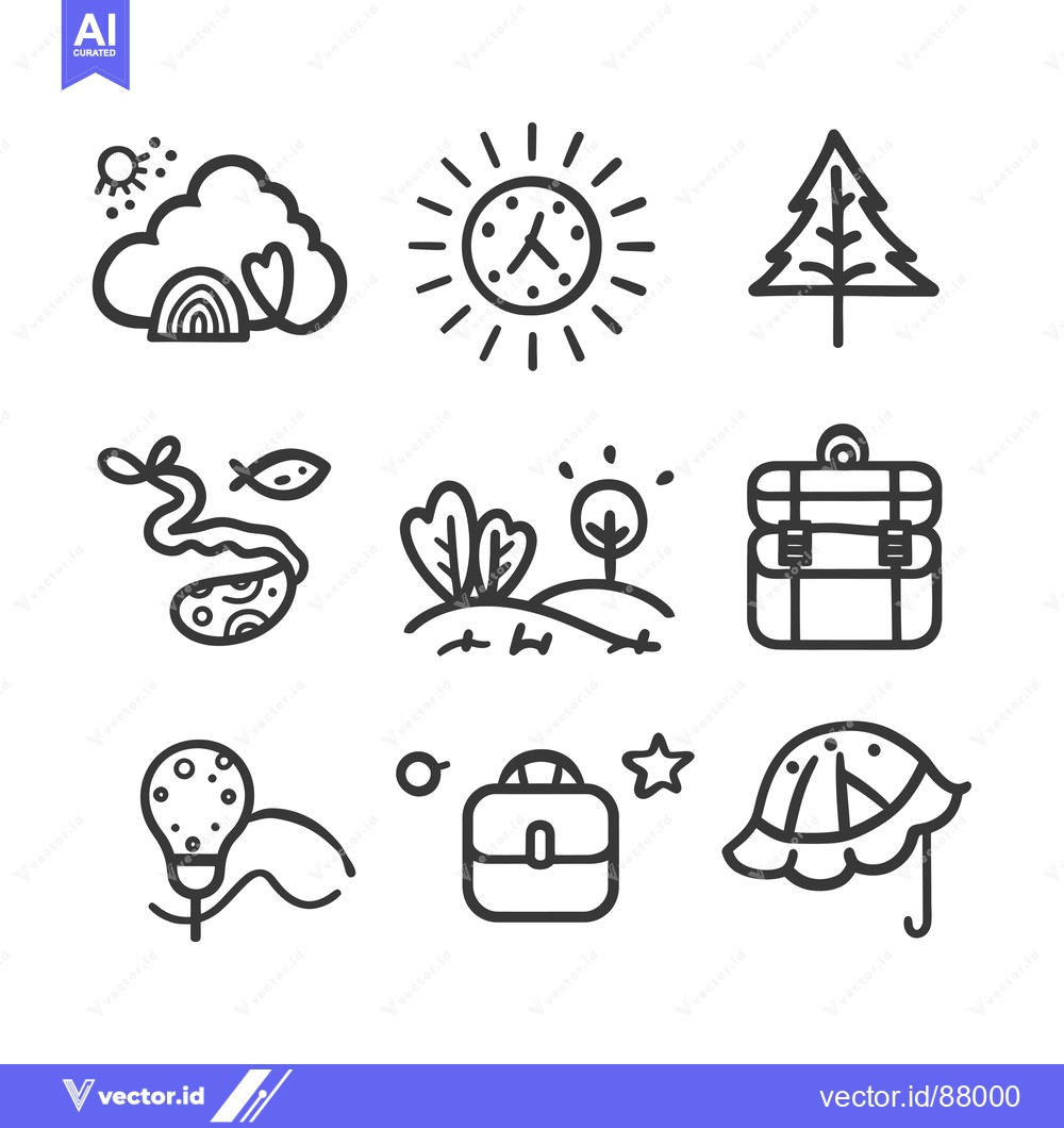 Premium Vector of Nine Hand-Drawn Outline Icons for Adventure, Travel, and Nature