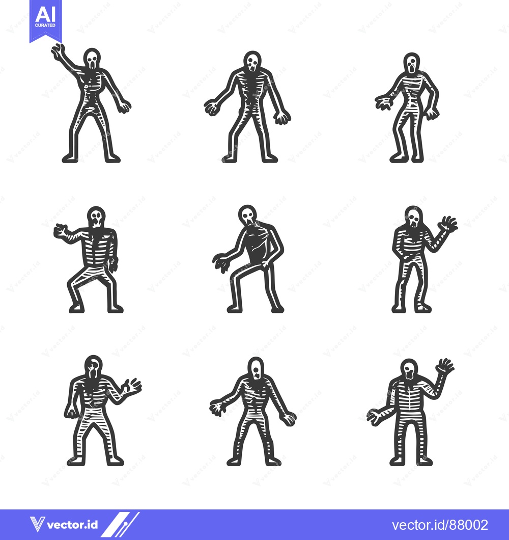 Premium Vector dari Nine Hand-Drawn Skeletons in Various Poses