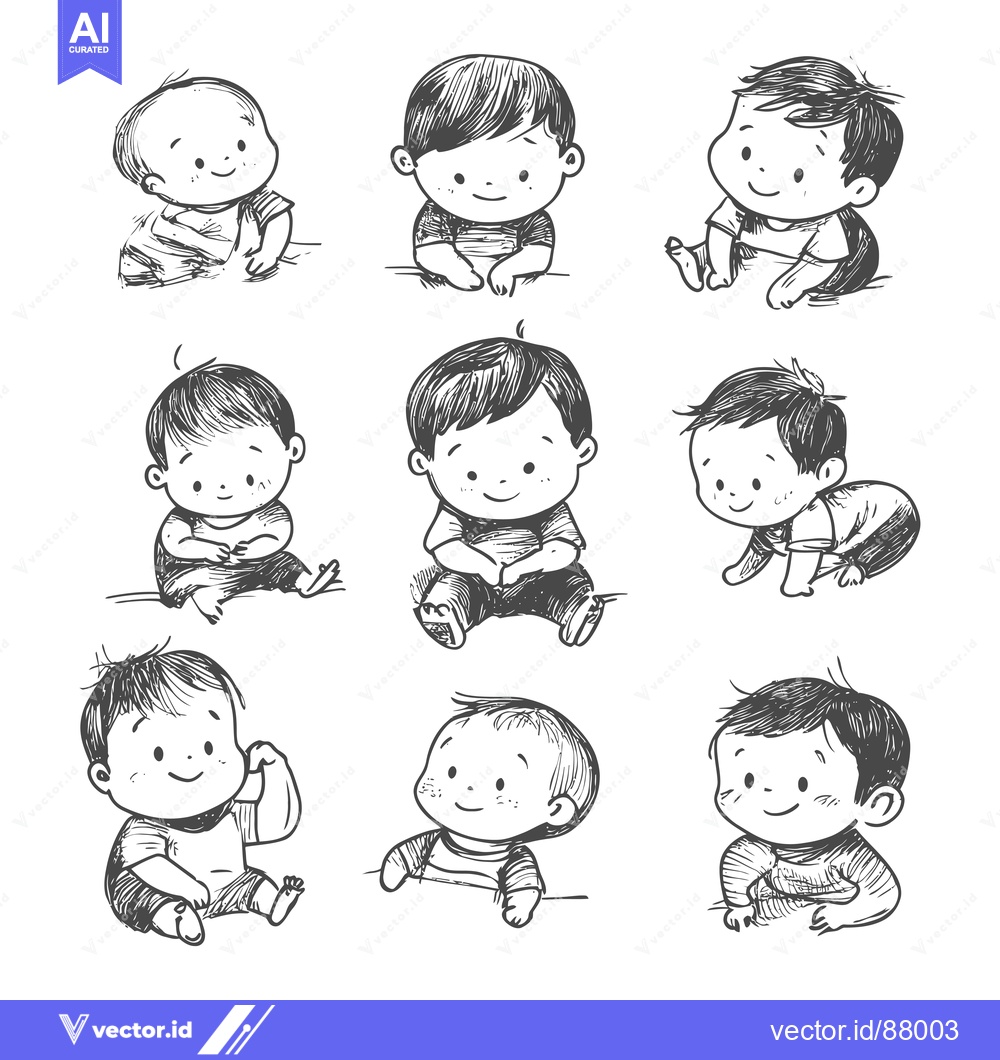 Premium Vector of Nine Hand-Drawn Sketches of Smiling Babies in Various Poses