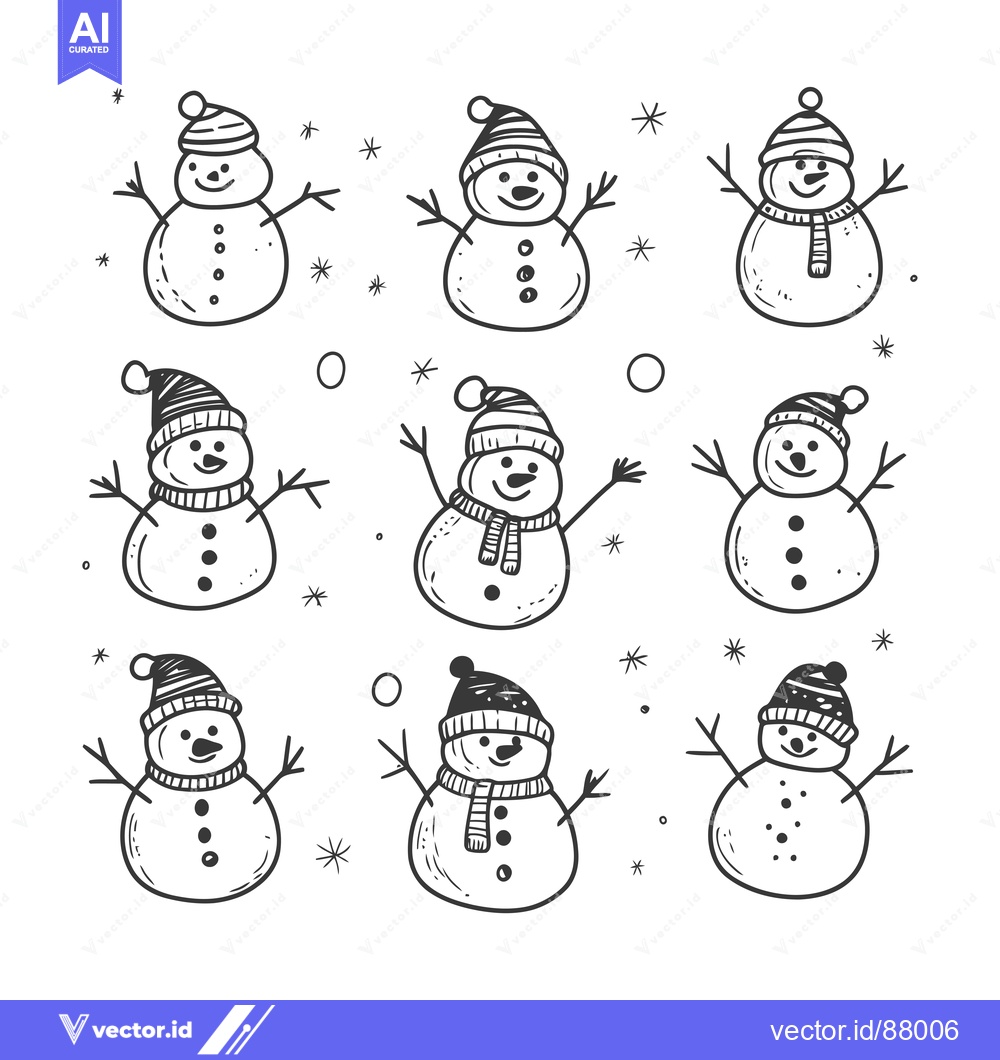 Premium Vector of Nine Hand-Drawn Snowmen with Hats and Scarves
