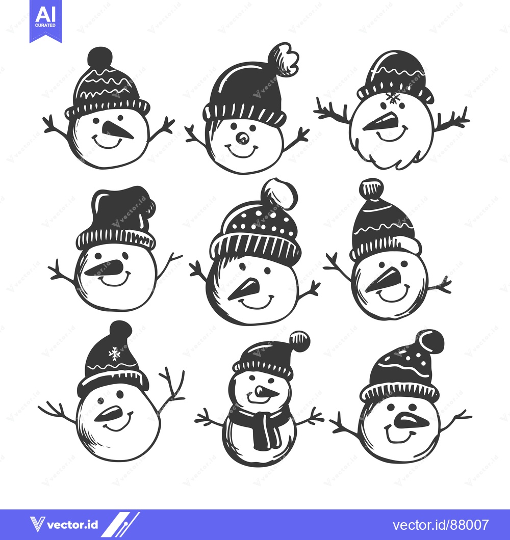 Premium Vector dari Nine Hand-Drawn Snowmen With Various Hats and Facial Expressions