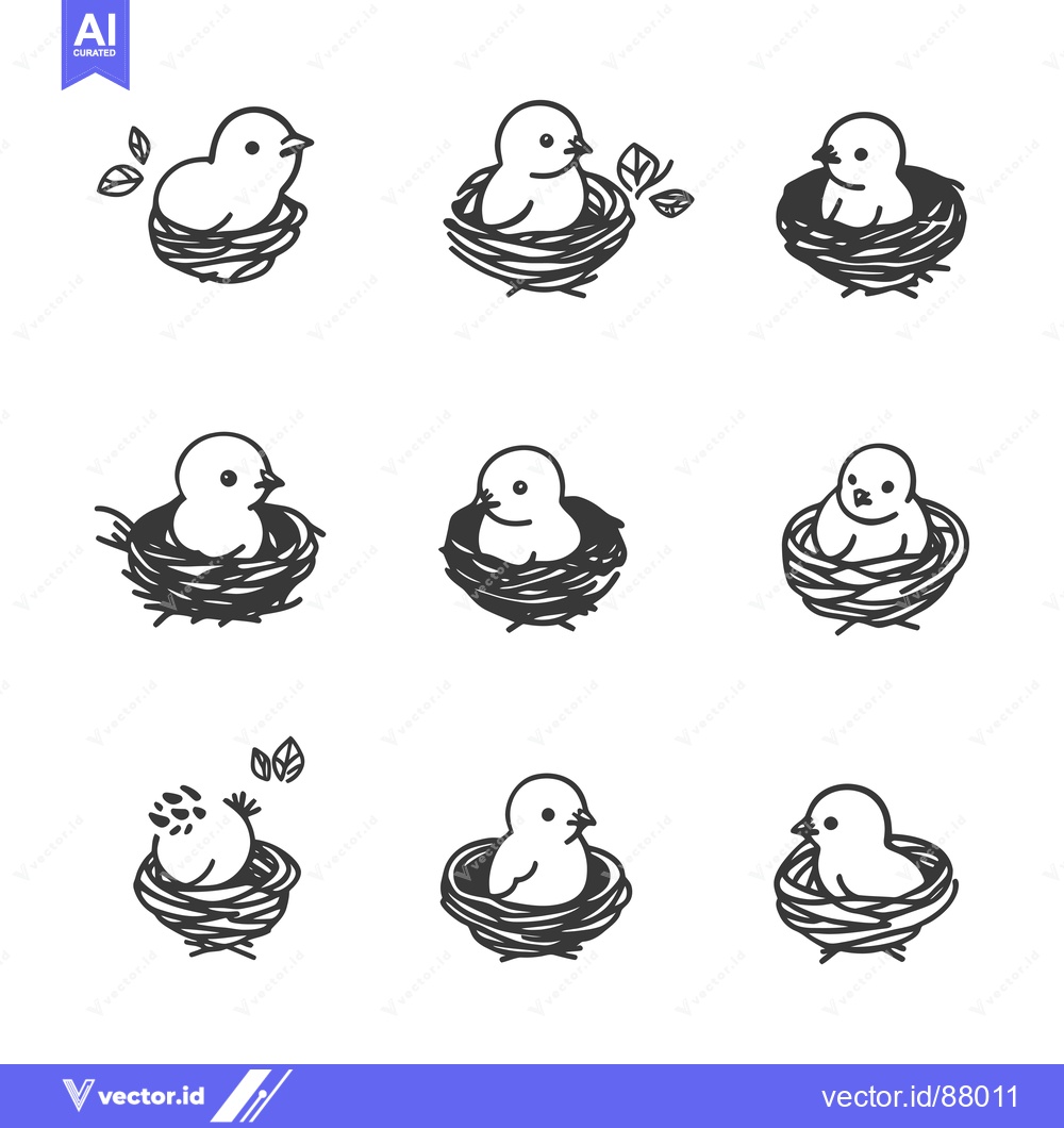 Premium Vector of Nine Illustrated Baby Birds in Nests