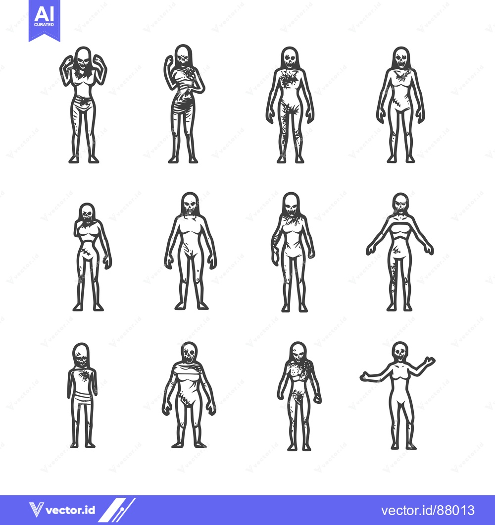 Premium Vector dari Nine Illustrations of Female Zombies with Skulls as Heads