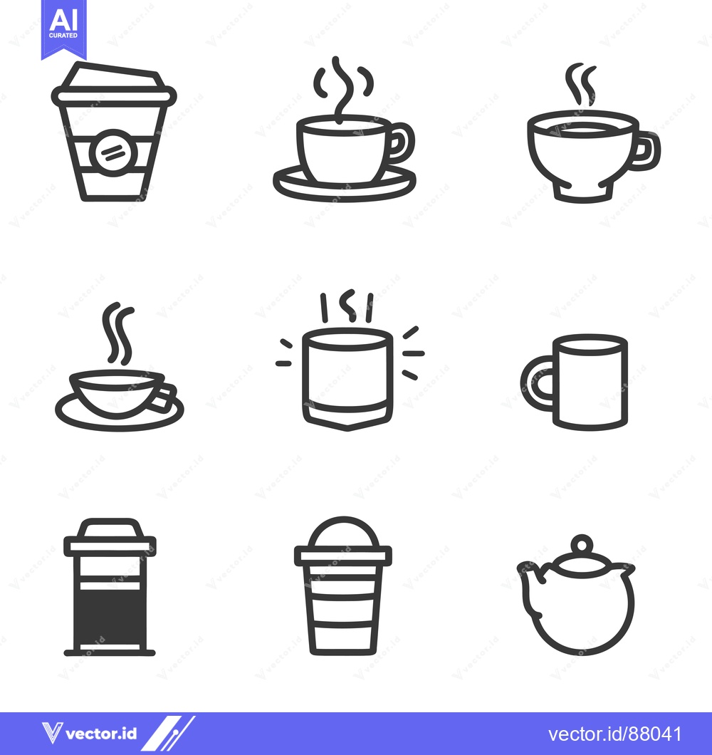 Premium Vector of Nine Line Art Illustrations of Various Cups and Pots for Hot Beverages