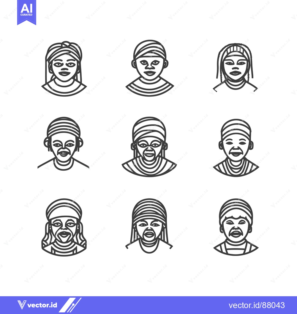 Premium Vector of Nine Line Art Portraits of Diverse Individuals with Headwear
