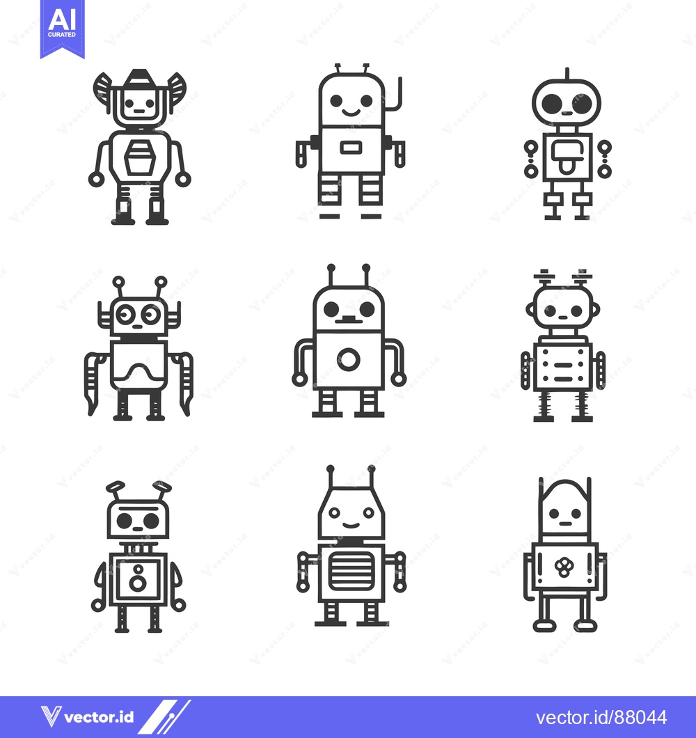 Premium Vector dari Nine Line Art Robots with Unique Designs and Expressions