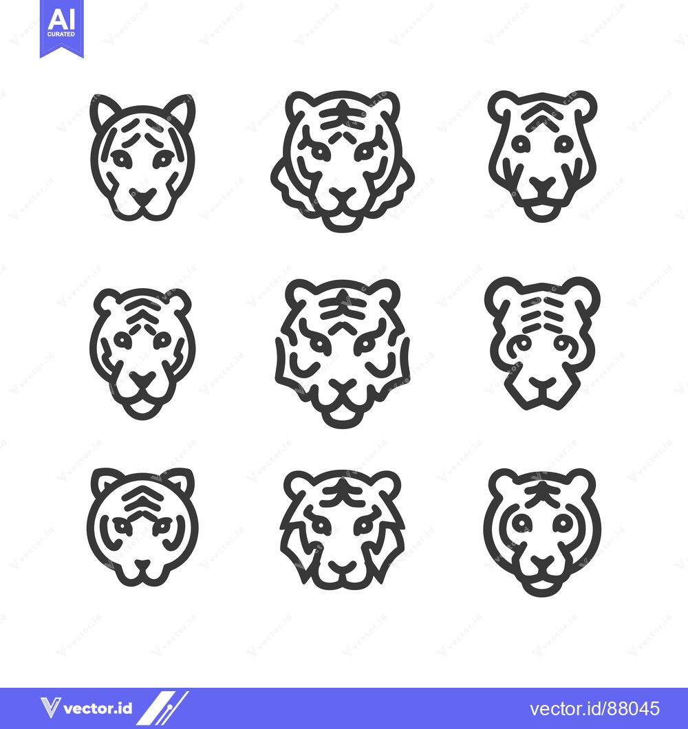 Premium Vector of Nine Line Art Tiger Heads Facing Forward