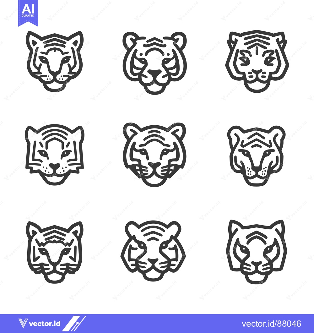 Premium Vector dari Nine Line Art Tiger Heads in a Grid