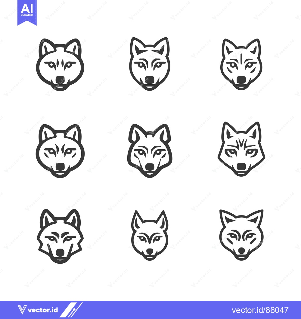 Premium Vector dari Nine Line Art Wolf Heads Facing Forward