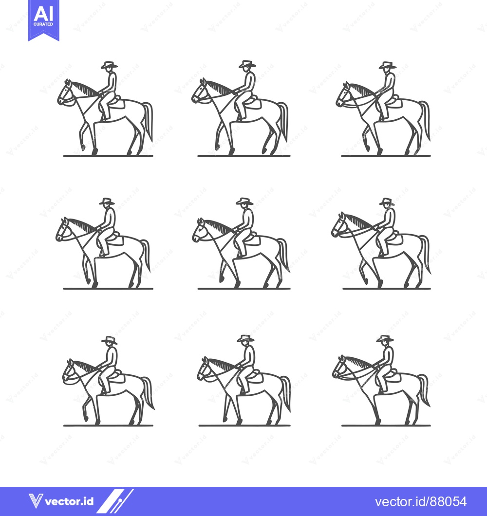 Premium Vector of Nine Line Drawings of a Cowboy Riding a Horse