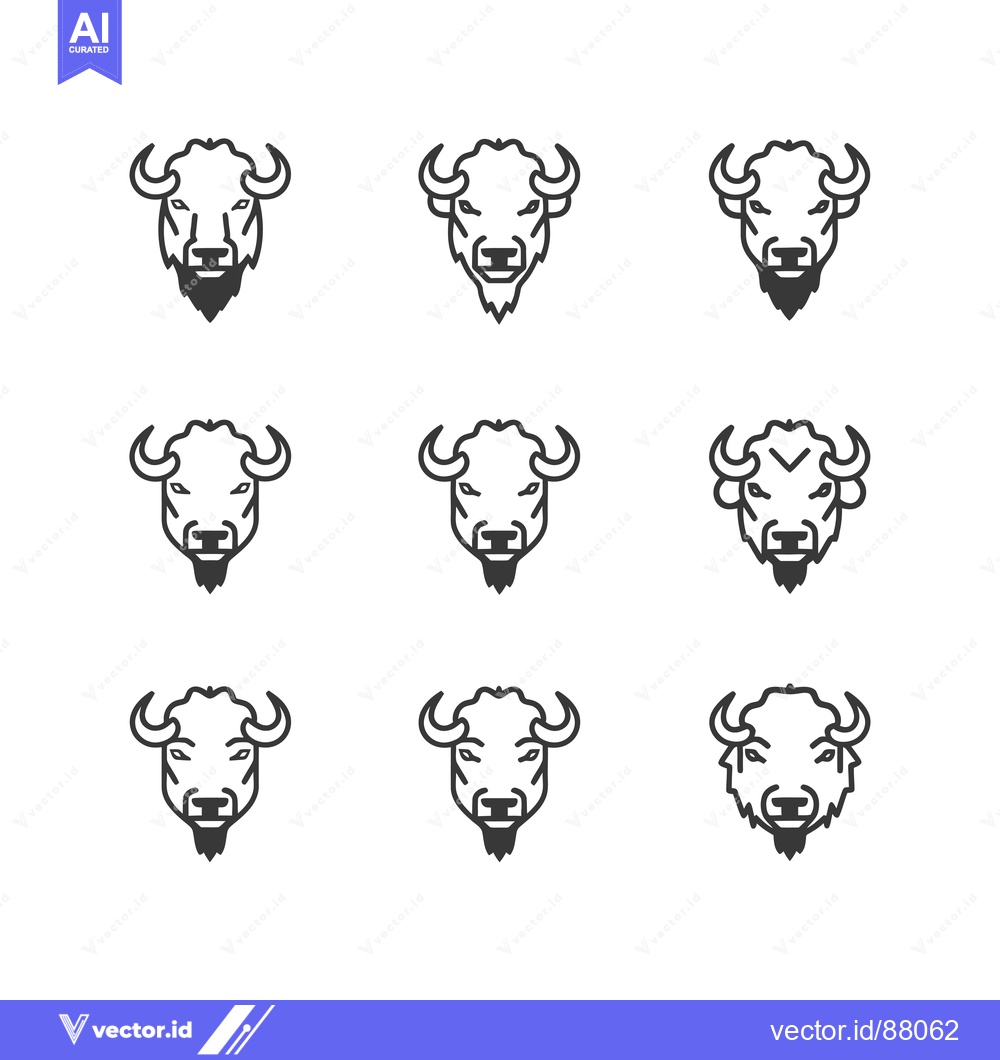 Premium Vector of Nine Line Drawings of Bison Heads with Horns and Beards