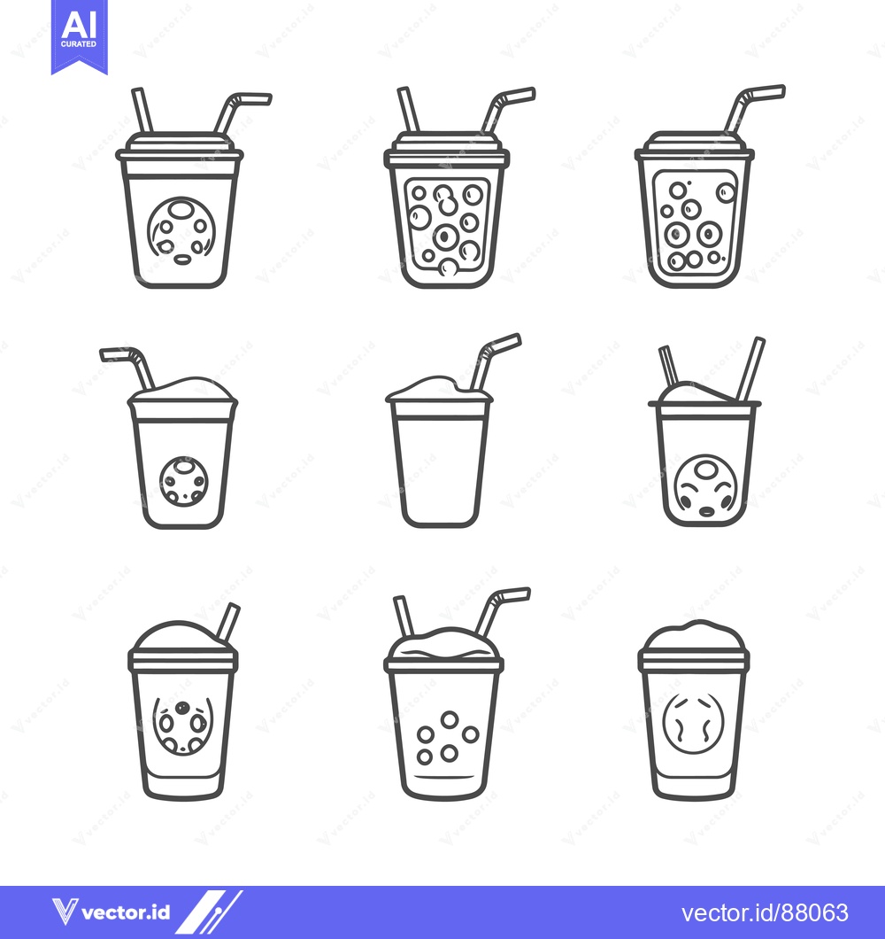 Premium Vector dari Nine Line Drawings of Boba Tea Cups with Straws