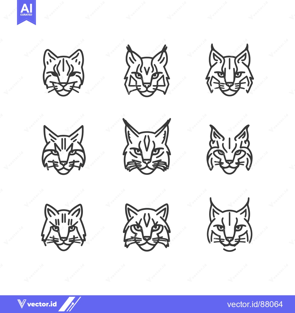 Premium Vector dari Nine Line Drawings of Bobcat Faces