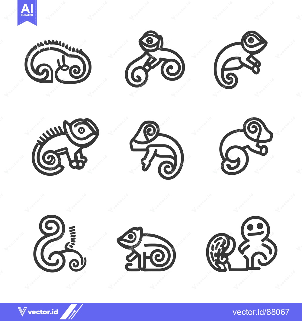 Premium Vector dari Nine Line Drawings of Chameleons in Various Poses