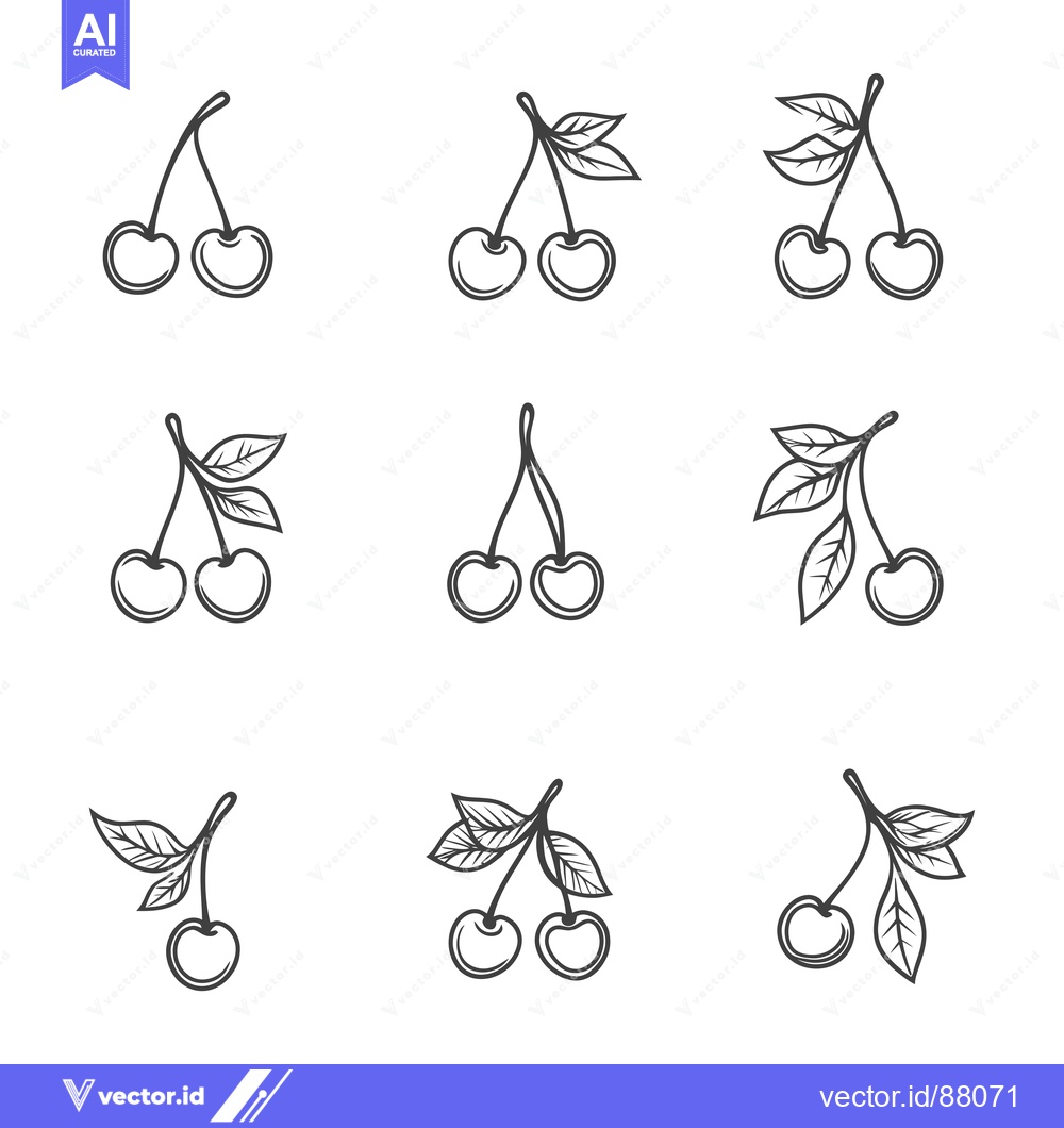 Premium Vector of Nine Line Drawings of Cherries with Leaves