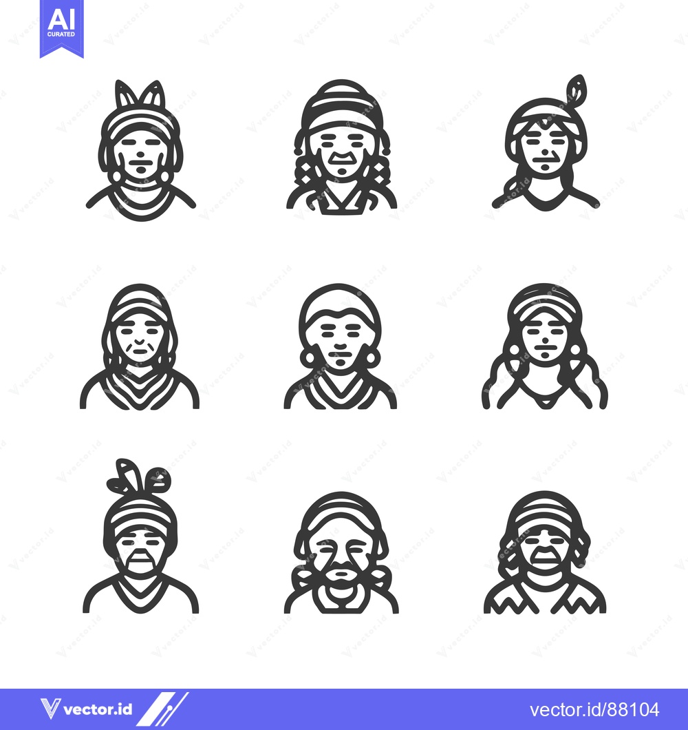 Premium Vector of Nine Line Drawings of Indigenous People with Traditional Headwear