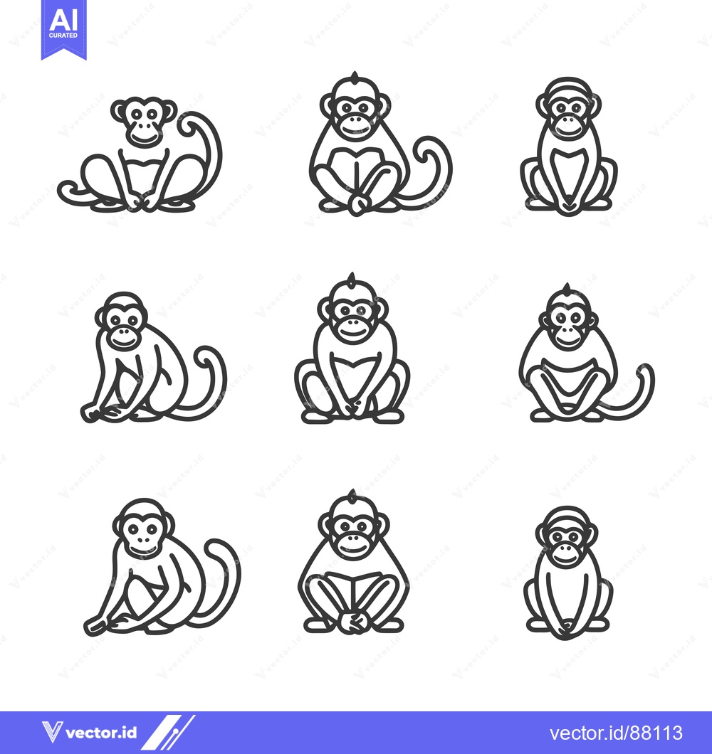 Premium Vector dari Nine Line Drawings of Monkeys Sitting in Various Poses