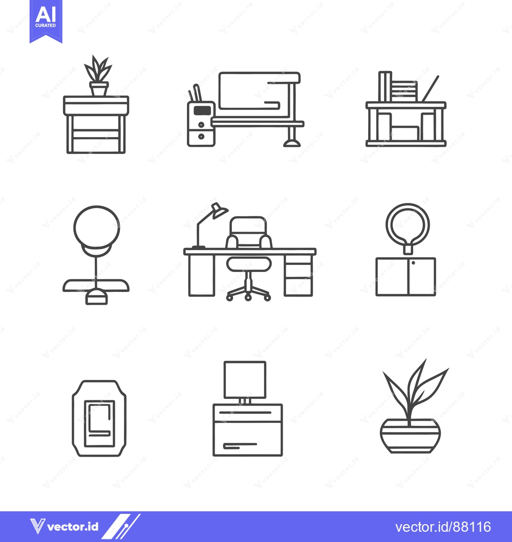 Premium Vector dari Nine Line Drawings of Office Furniture and Plants