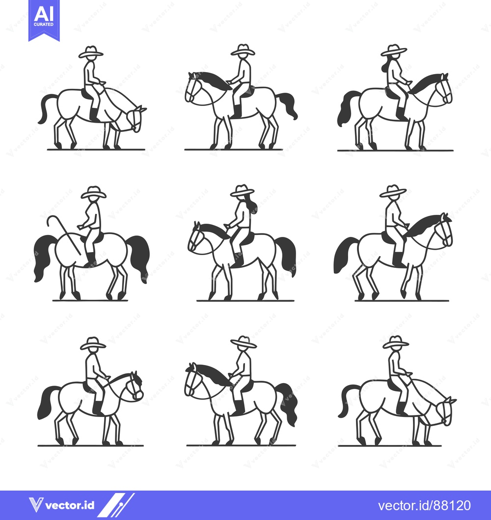 Premium Vector of Nine Line Drawings of People Riding Horses