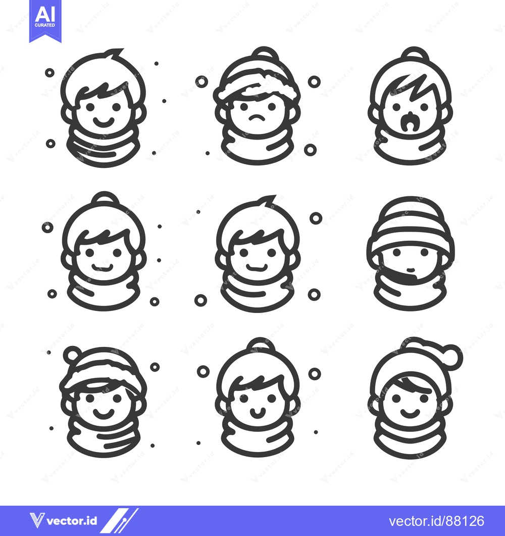 Premium Vector dari Nine Line Drawings of People Wearing Winter Hats and Scarves