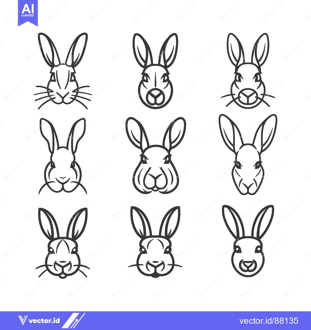 Premium Vector dari Nine Line Drawings of Rabbit Heads with Different Expressions