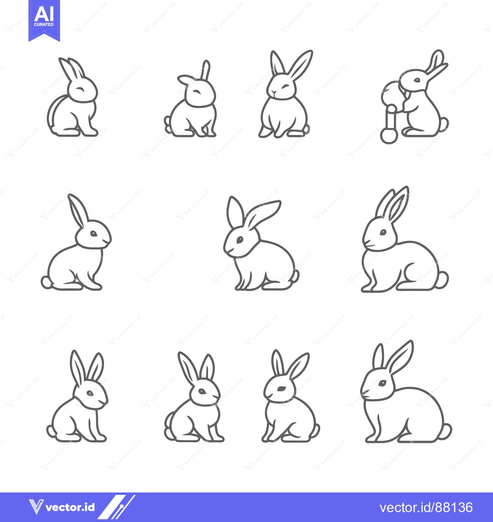 Premium Vector dari Nine Line Drawings of Rabbits in Various Poses