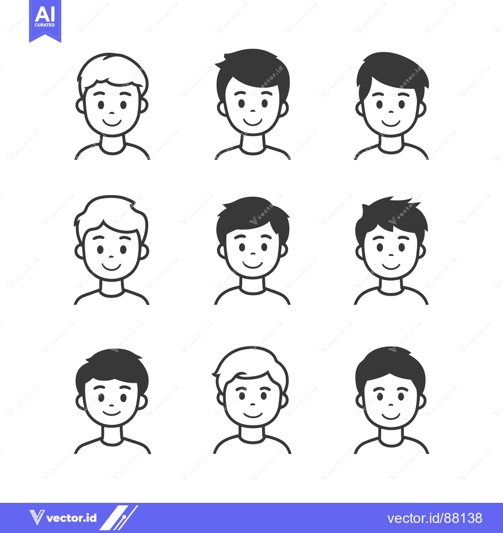 Premium Vector dari Nine Line Drawings of Smiling Boys with Different Hairstyles