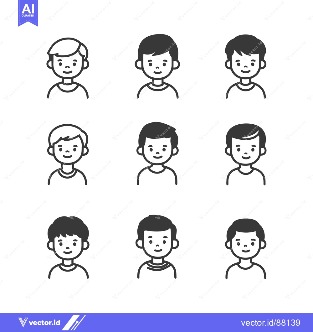 Premium Vector dari Nine Line Drawings of Smiling Boys with Different Hairstyles