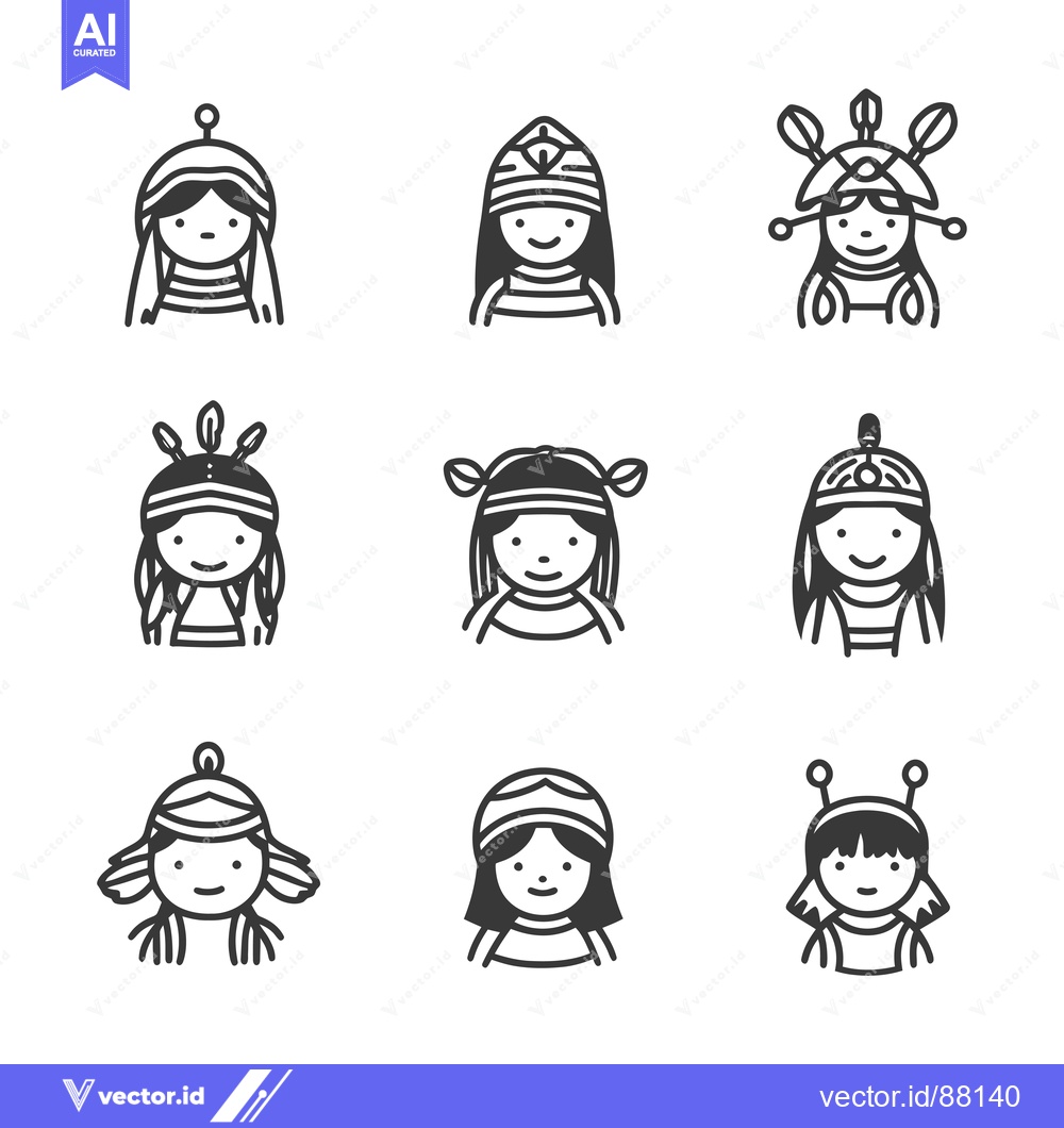 Premium Vector dari Nine Line Drawings of Smiling Girls with Different Hats
