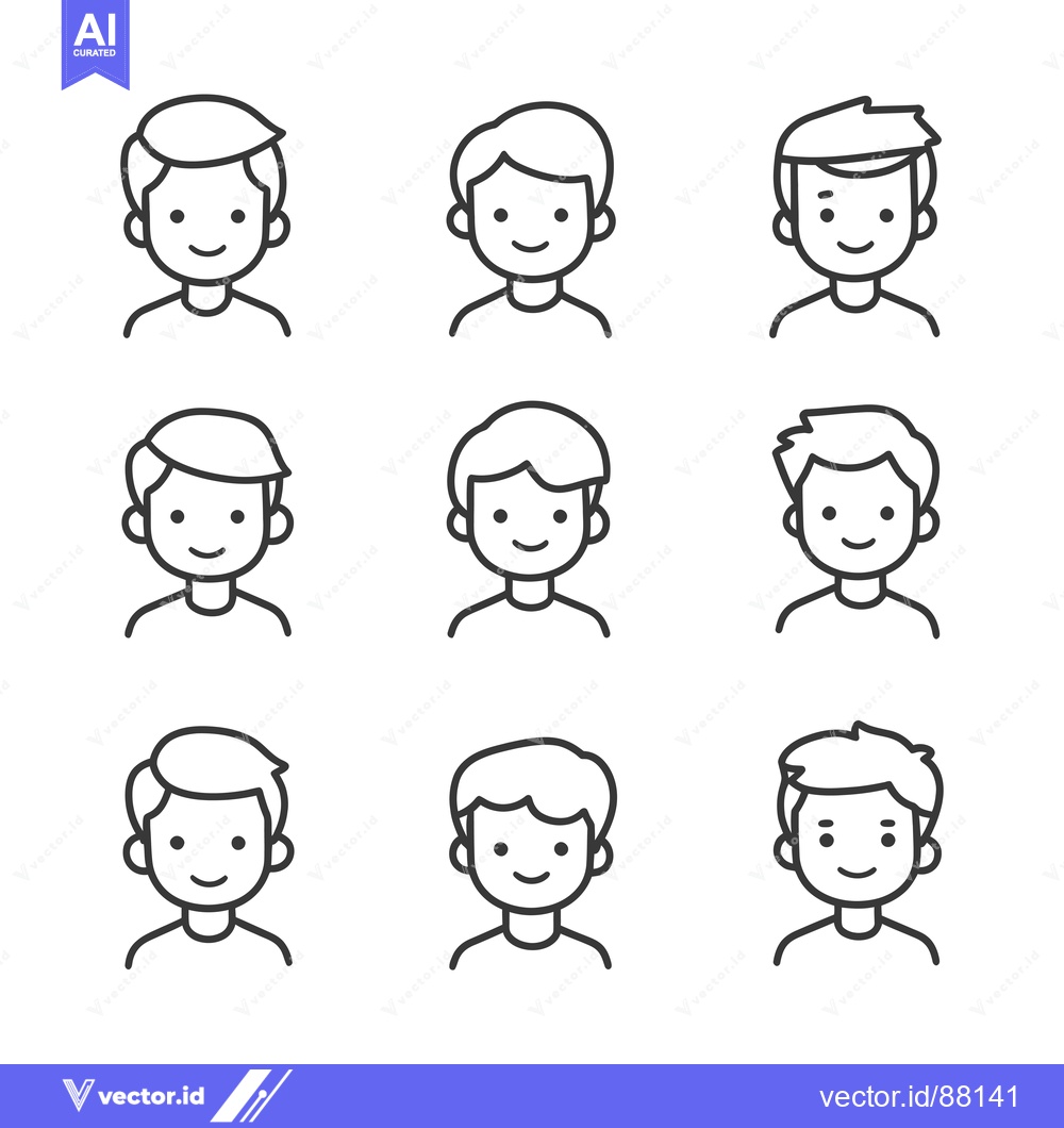Premium Vector dari Nine Line Drawings of Smiling Male Faces with Different Hairstyles