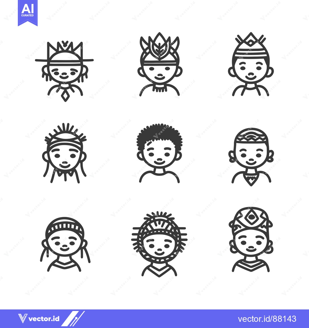 Premium Vector of Nine Line Drawings of Smiling People Wearing Traditional Headwear