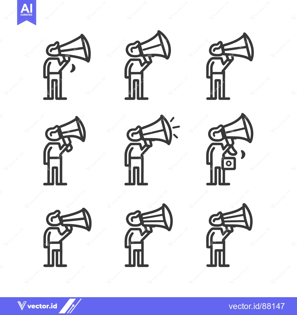 Premium Vector of Nine Line Drawings of Stick Figures Using Megaphones