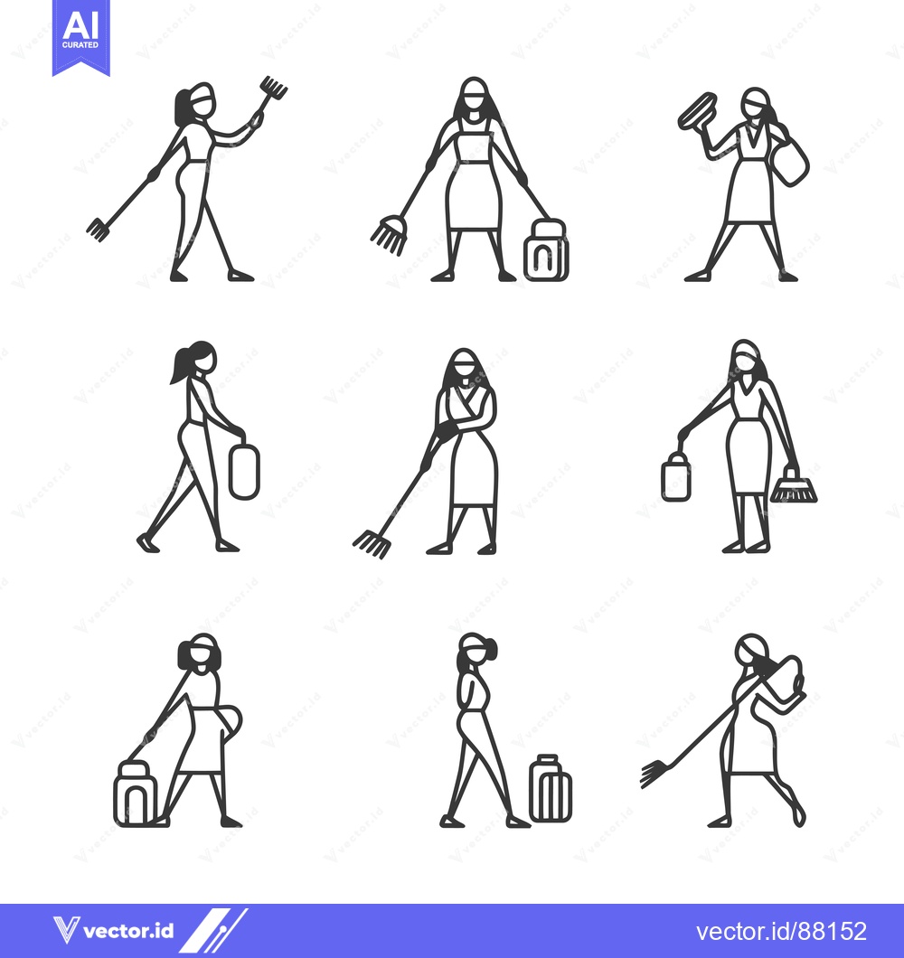Premium Vector dari Nine Line Drawings of Women Performing Cleaning Tasks