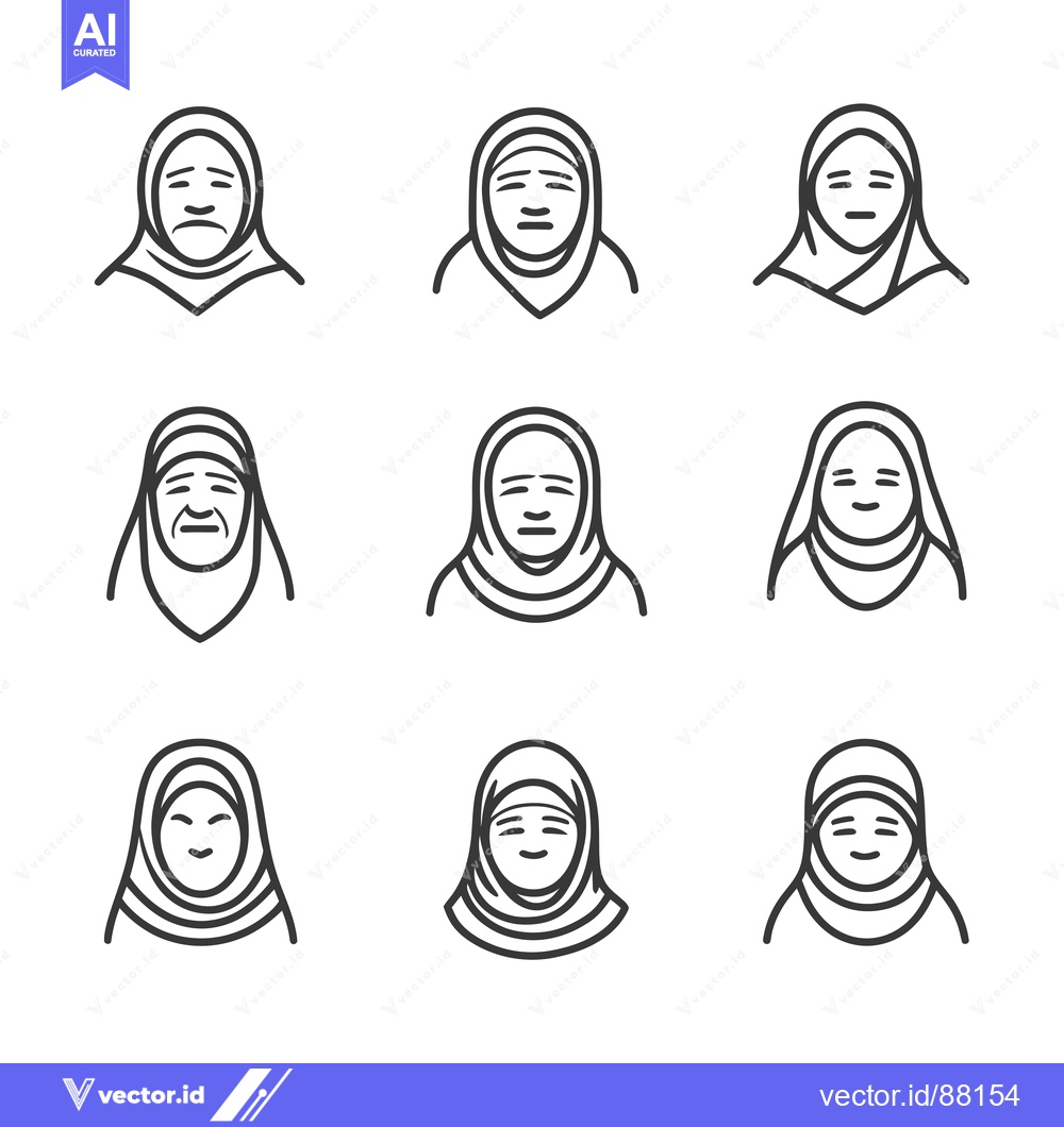 Premium Vector of Nine Line Drawings of Women Wearing Headscarves with Different Express