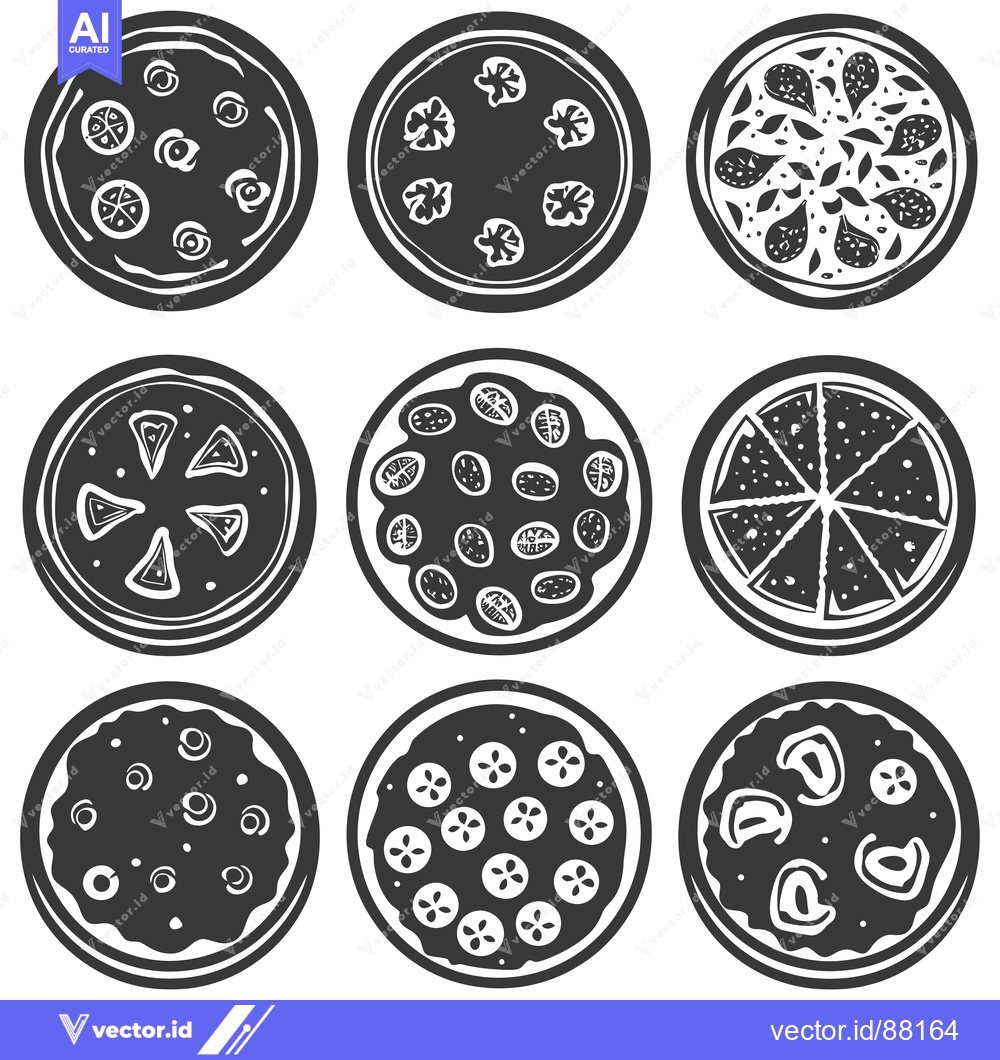Premium Vector dari Nine Monochrome Illustrations of Different Types of Pizza