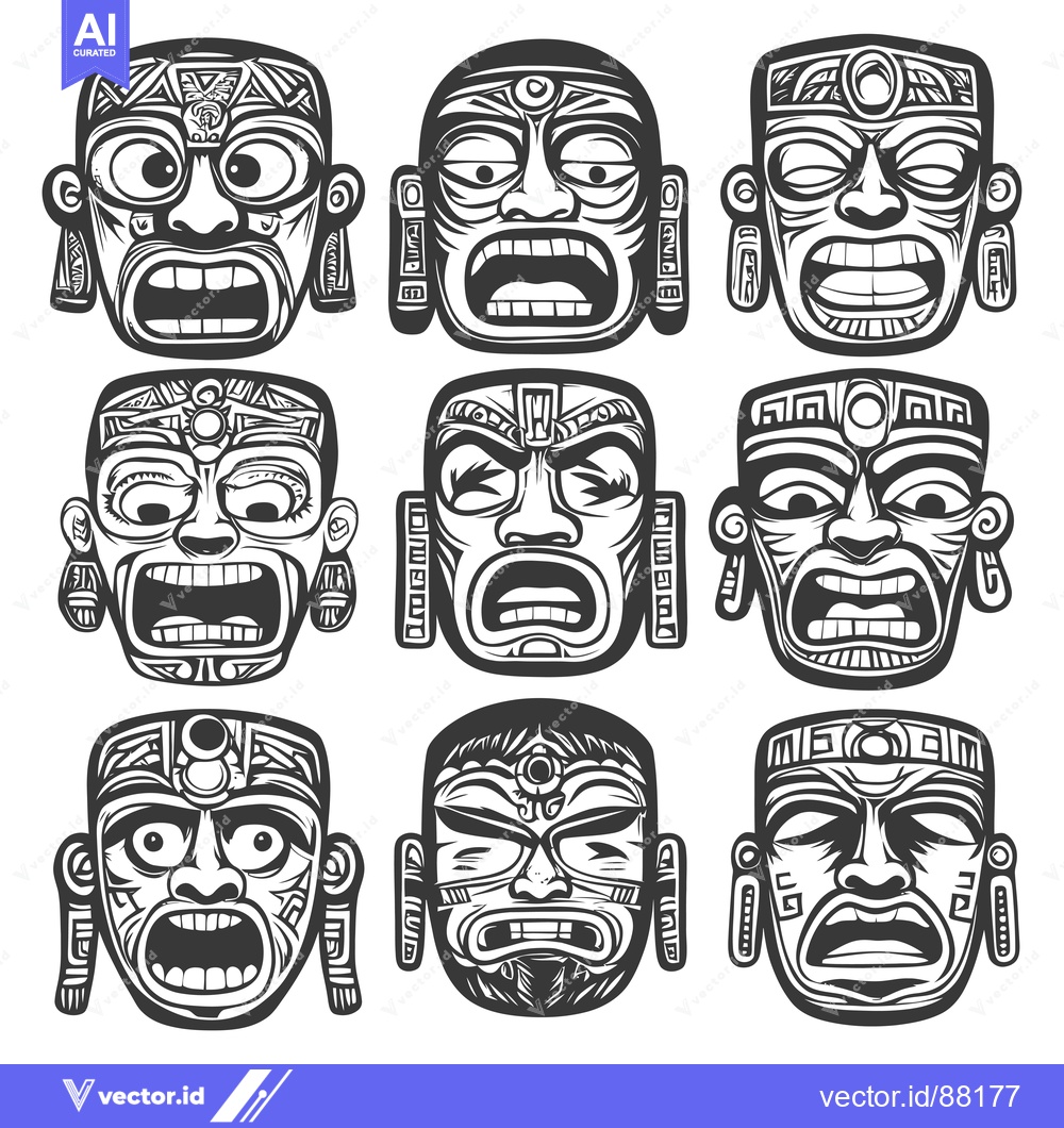 Premium Vector dari Nine Ornate Tribal Masks with Geometric Patterns and Different Express