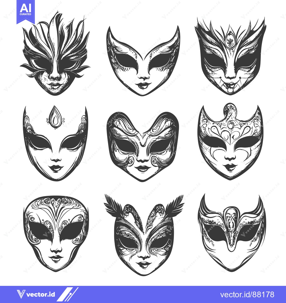 Premium Vector dari Nine Ornate Venetian Masks with Intricate Designs