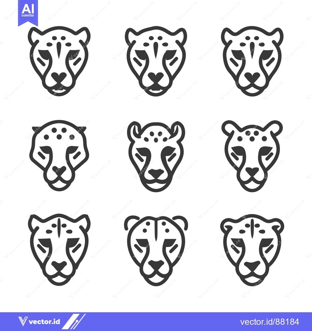 Premium Vector of Nine Outline Cheetah Head Icons with Spots and Different Ear Shapes