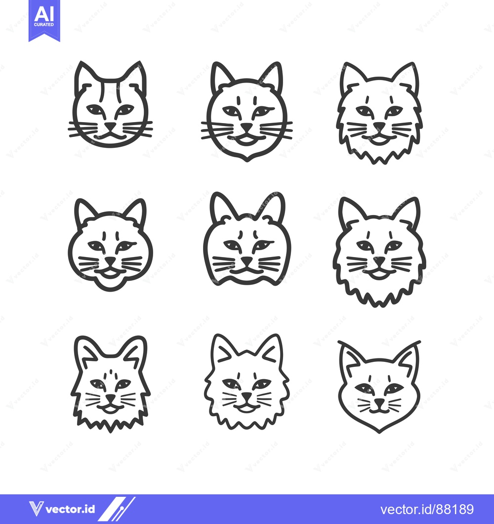 Premium Vector of Nine Outline Drawings of Cat Faces with Varying Fur Styles
