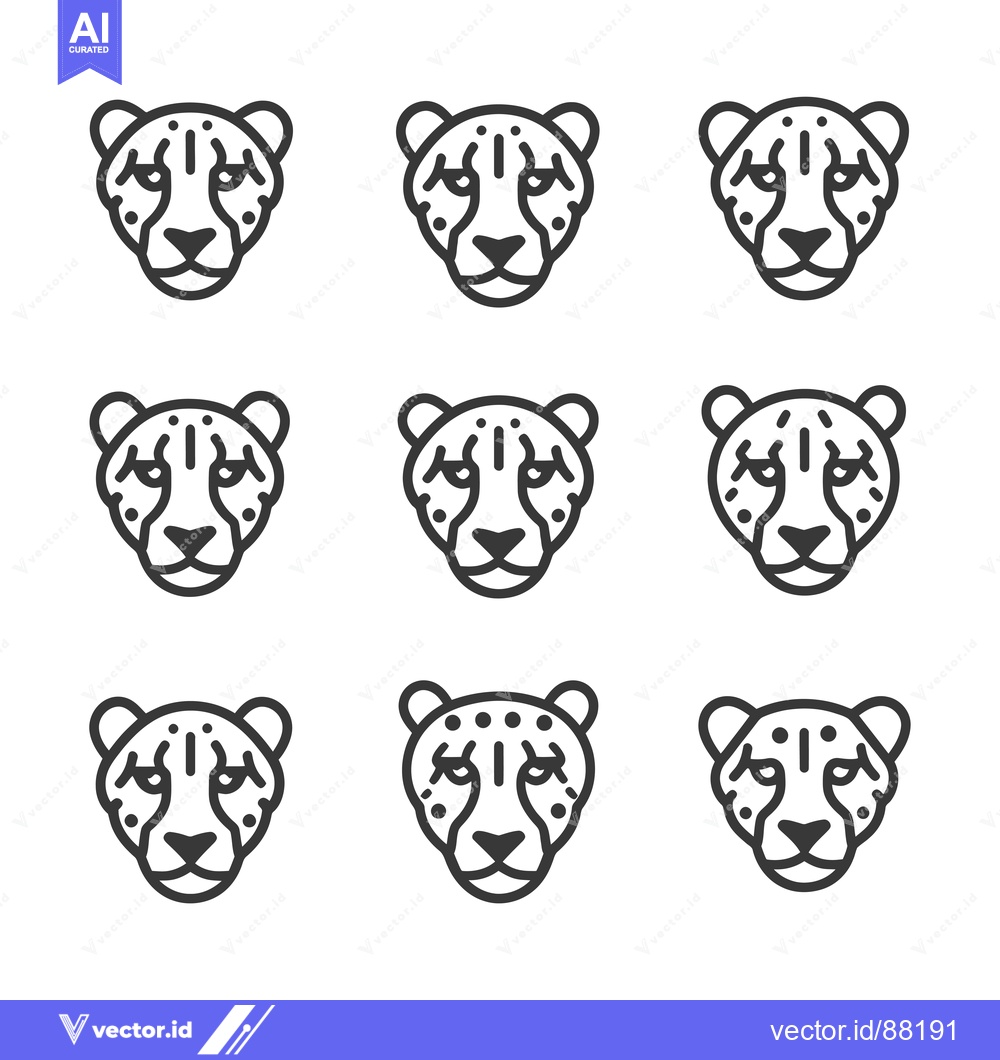 Premium Vector dari Nine Outline Drawings of Cheetah Heads Facing Forward